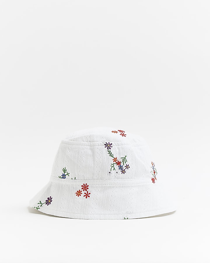 Girls white floral embroidered bucket hat