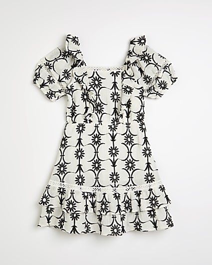 Girls white floral embroidered frill dress