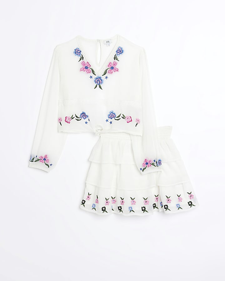 Girls White Floral Embroidered sheer Set