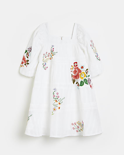 Girls white floral embroidered smock dress