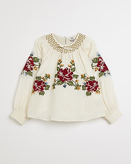 Girls white floral embroidered top