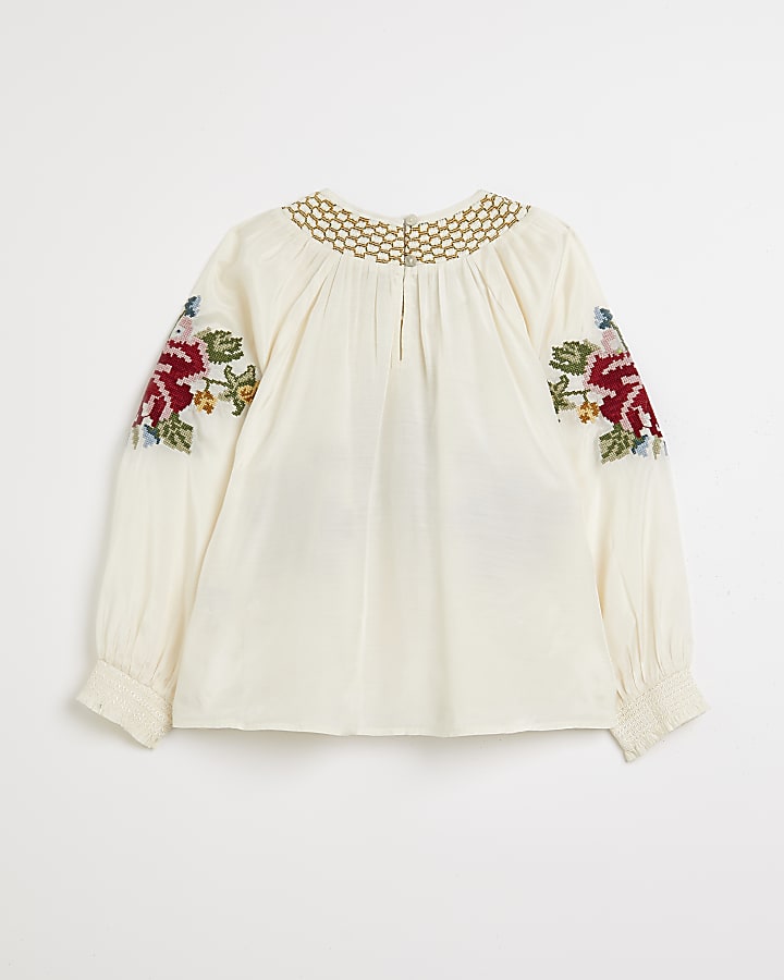 Girls white floral embroidered top
