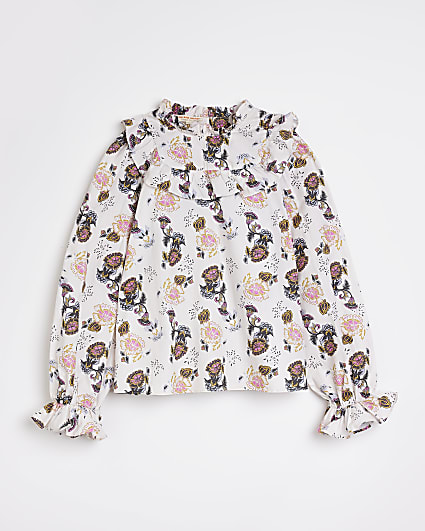 Girls White Floral Frill Blouse