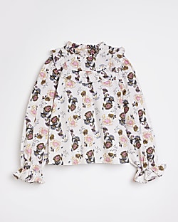 Girls White Floral Frill Blouse