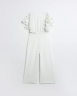 Girls White floral frill sleeve Jumpsuit