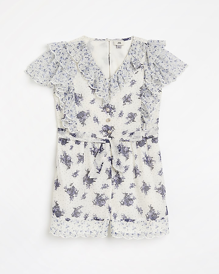 Girls white floral frill trim belted playsuit