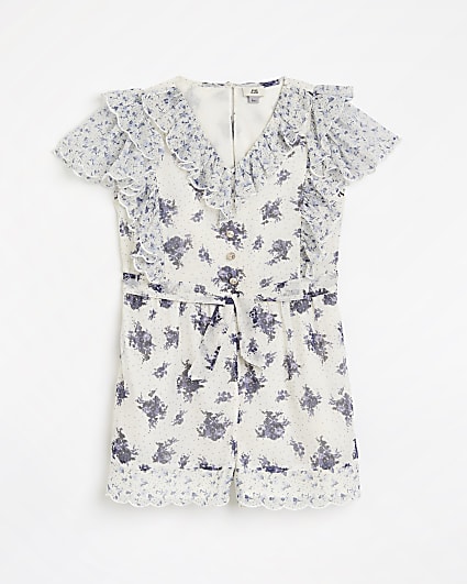 Girls white floral frill trim belted playsuit