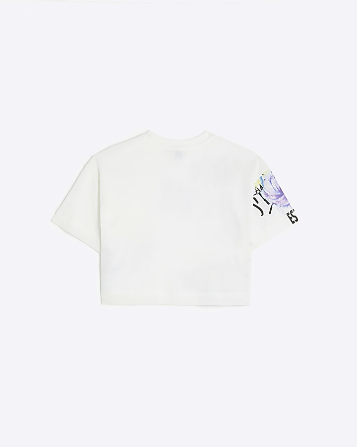 Girls white floral graffiti crop t-shirt