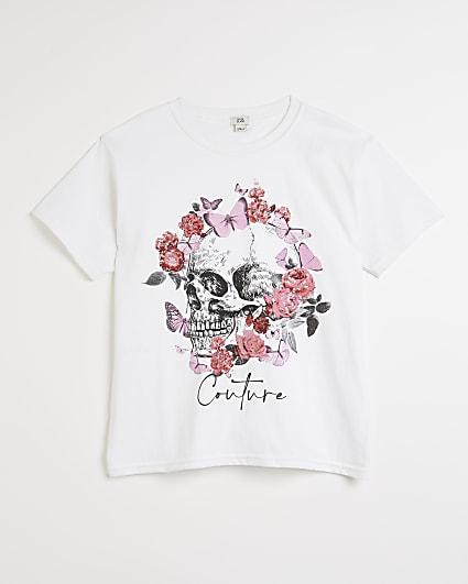 Girls white floral graphic print t-shirt