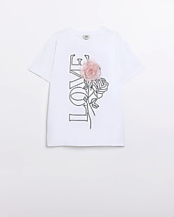 Girls White Flower Corsage T-shirt