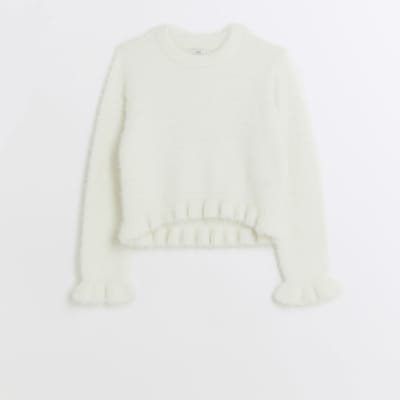 Girls white fluffy frill jumper | River Island