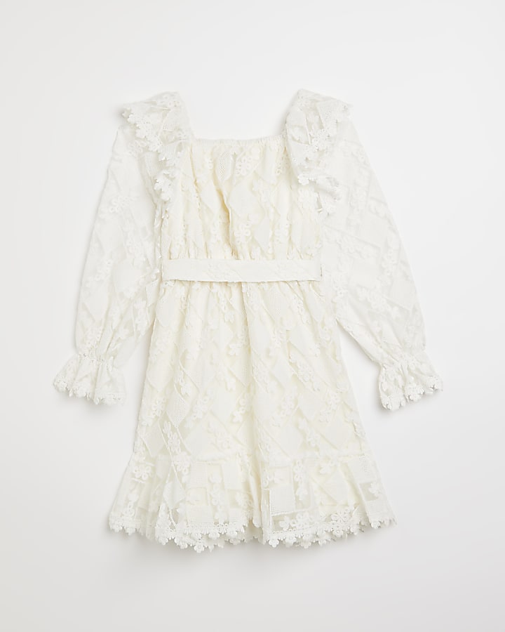 Girls white frill belted lace dress