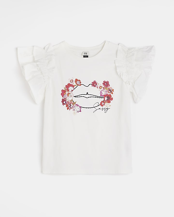 Girls white frill flower lips print t-shirt