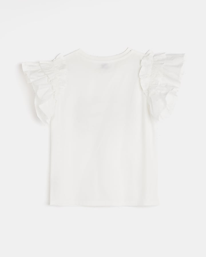 Girls white frill flower lips print t-shirt