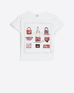 Girls white frill handbag graphic t-shirt