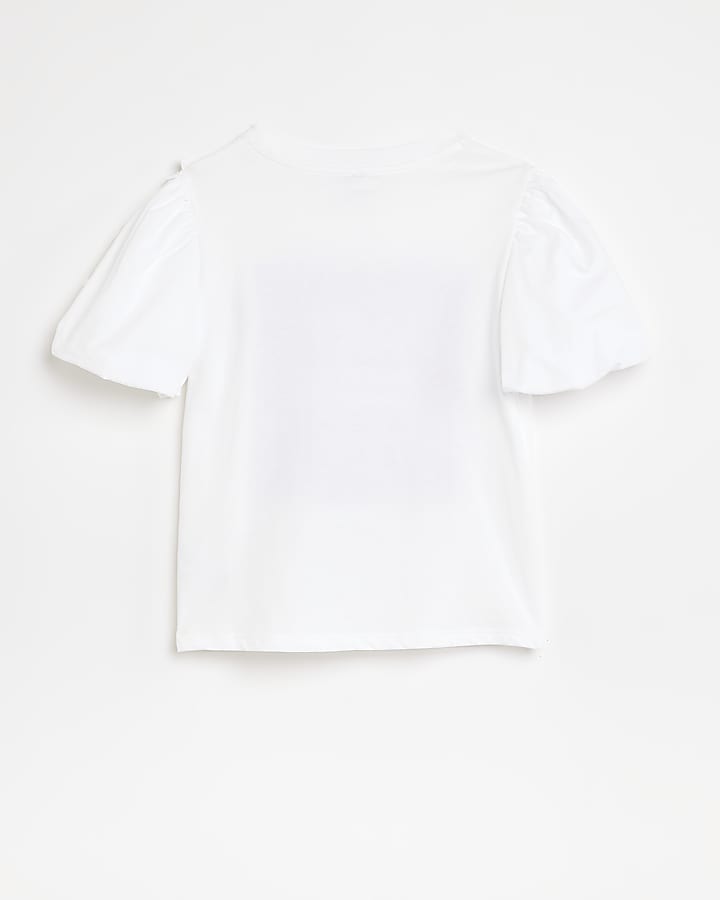 Girls White Frill Puff Sleeve Sequin T-shirt