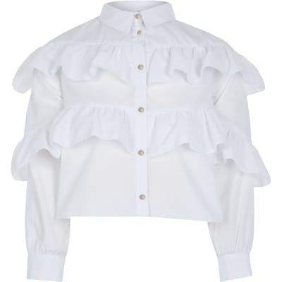 Girls white frill shirt | River Island