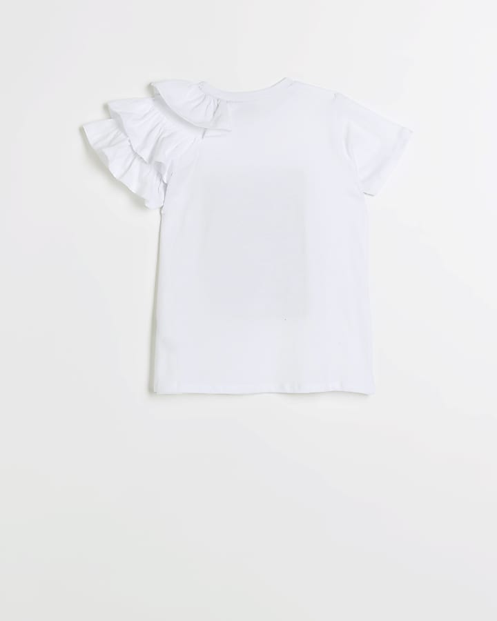 Girls white frill sleeve jacquard t-shirt