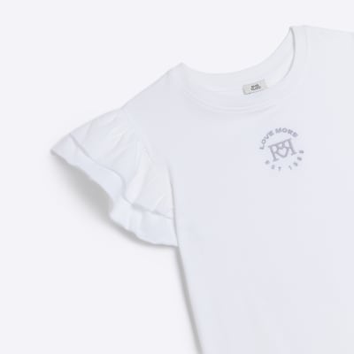 Girls White Frill Sleeve T-shirt