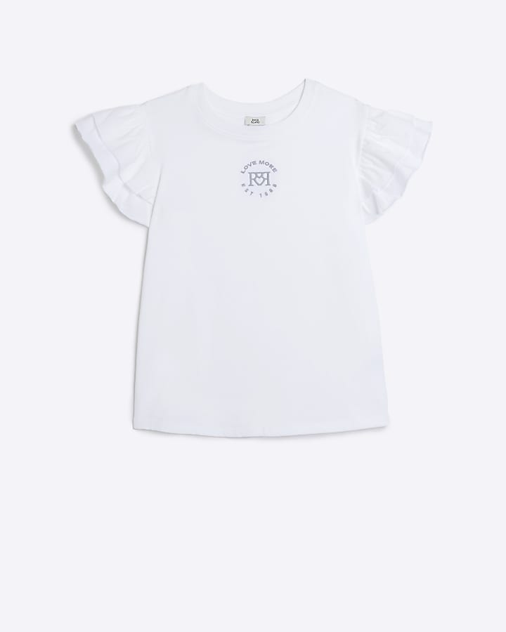 Girls White Frill Sleeve T-shirt