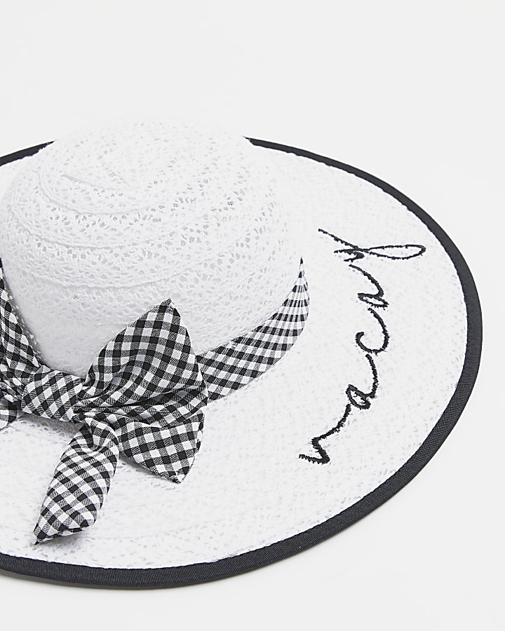 Girls white gingham bow 'Vacay' straw hat