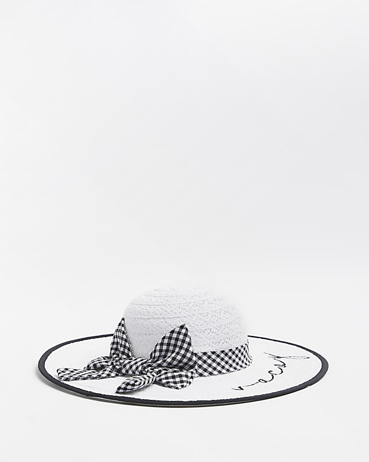 Girls white gingham bow 'Vacay' straw hat