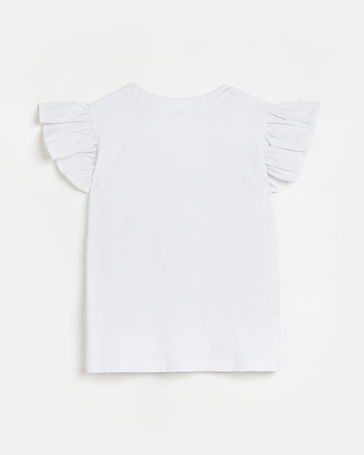 Girls white girl print frill sleeve t-shirt