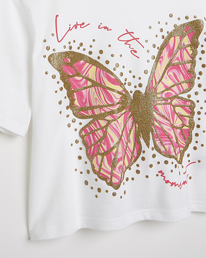 Girls white glitter butterfly print t-shirt