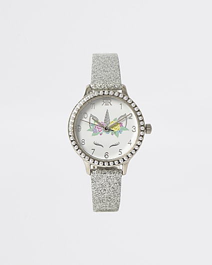 Girls white glitter embellished unicorn watch