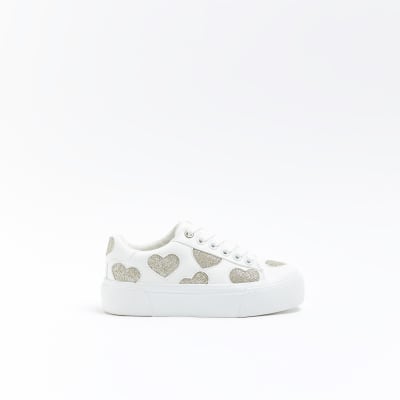 Girls white glitter heart trainers | River Island