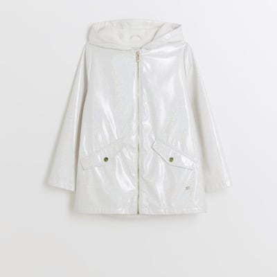 Girls white glitter hooded rain coat