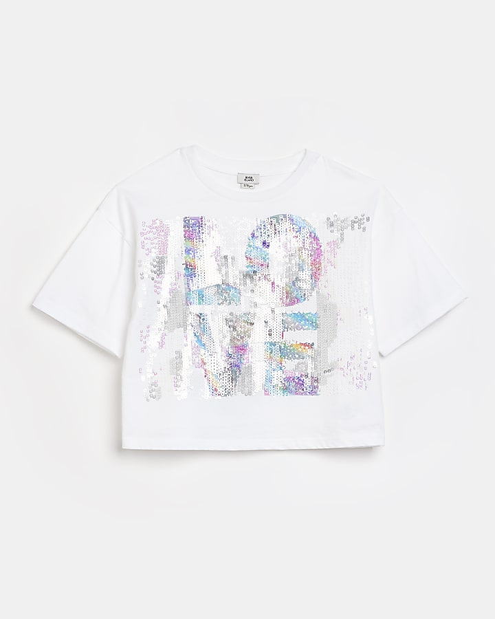 Girls white glitter sequin 'Love' t-shirt