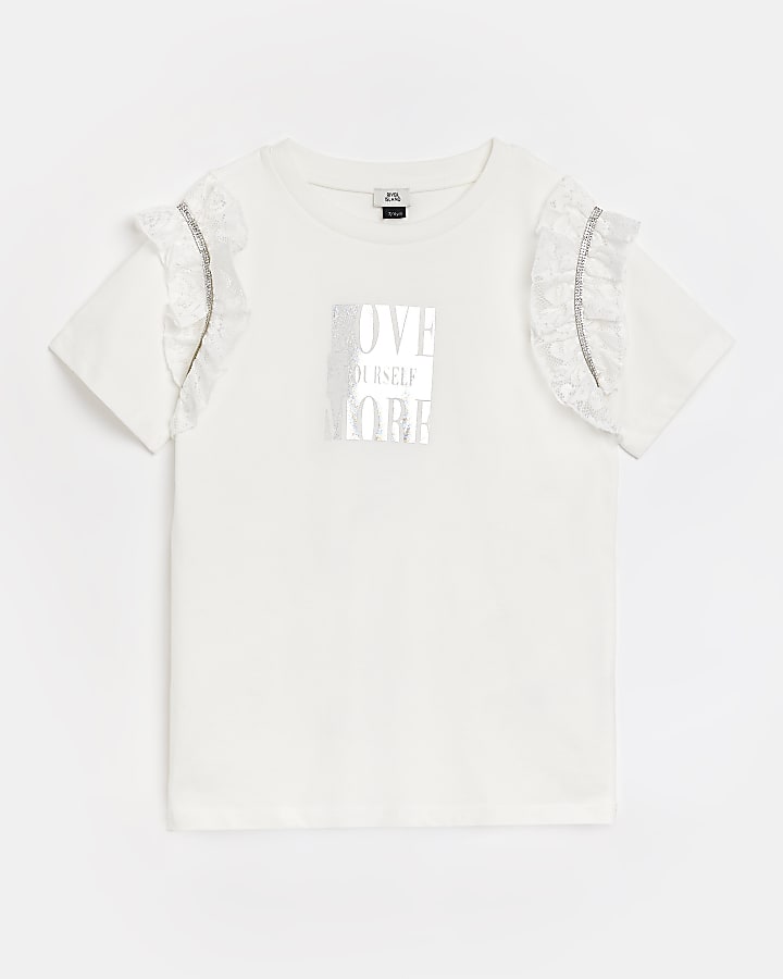 Girls white graphic frill t-shirt