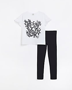 Girls White Graphic T-shirt and Leggings Set