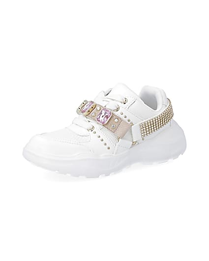 360 degree animation of product Girls white harness chunky trainers frame-1