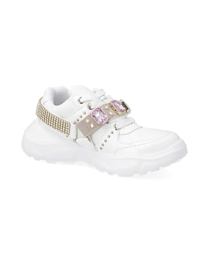 360 degree animation of product Girls white harness chunky trainers frame-17