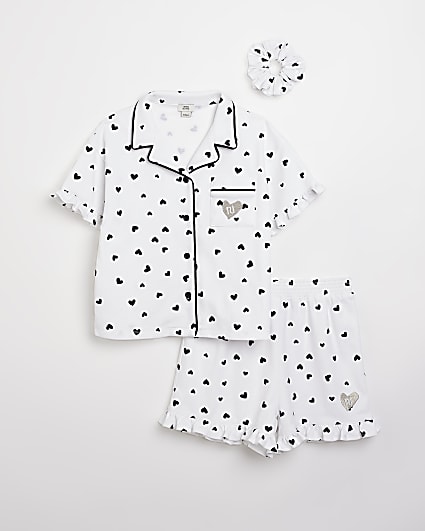 Girls white heart print pyjama set