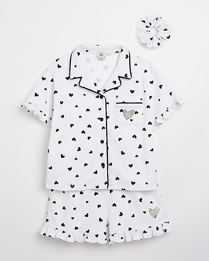 Girls white heart print pyjama set