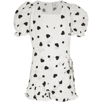 black and white heart print wrap dress