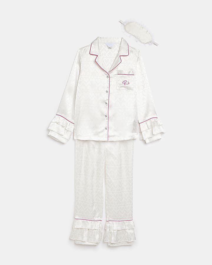 Girls White Heart Satin Boutique Pyjamas