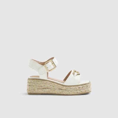Girls White Heart Snaffle Wedge Sandals