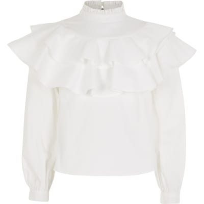 Girls white high neck ruffle blouse 