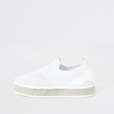Girls white knitted diamante trainers 
