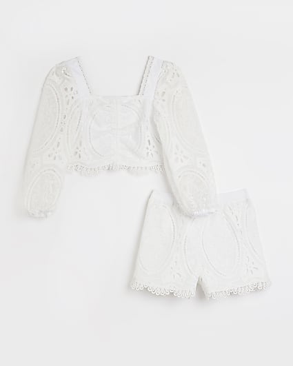 Girls white lace shorts set