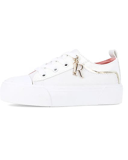 360 degree animation of product Girls white lace up charm detail trainers frame-2