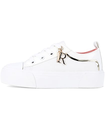 360 degree animation of product Girls white lace up charm detail trainers frame-3