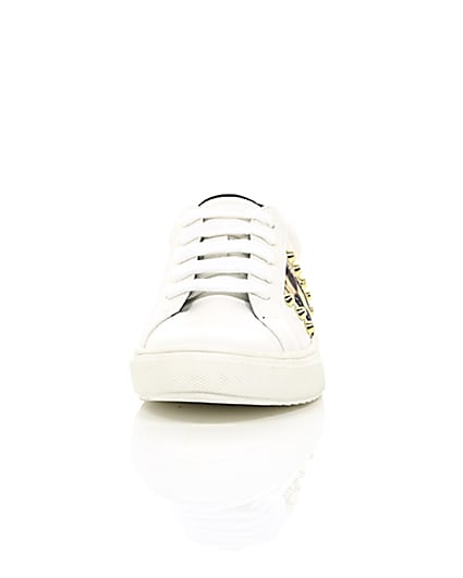 360 degree animation of product Girls white leopard print studded trainers frame-2