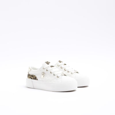 Girls white leopard print trainers River Island