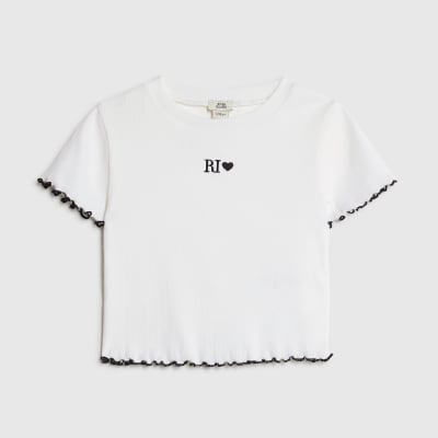 Girls White Lettuce Hem RI Top