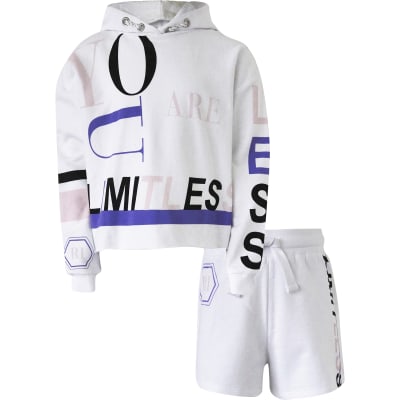 Girls white 'Limitless' hoodie shorts outfit | River Island